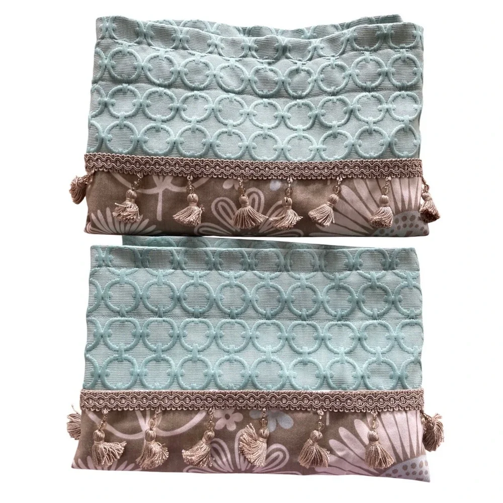Pair (2) Custom Lined Boho Floral & Aqua Matelasse Beaded Valances 43